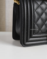 Chanel Boy Small | Black Caviar Brushed Gold Hardware-details
