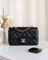 Chanel Classic Flap Mini Rectangle | Black Caviar Light Gold Hardware-front