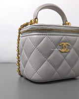 Chanel Top Handle Vanity On Chain Mini | Grey Lambskin Brushed Gold Hardware-details