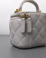 Chanel Top Handle Vanity On Chain Mini | Grey Lambskin Brushed Gold Hardware-details