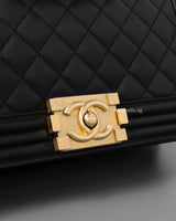 Chanel Boy Old Medium | Black Lambskin Brushed Gold Hardware-details