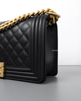 Chanel Boy Old Medium | Black Lambskin Brushed Gold Hardware-details