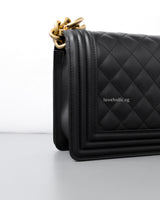 Chanel Boy Old Medium | Black Lambskin Brushed Gold Hardware-details
