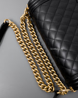 Chanel Boy Old Medium | Black Lambskin Brushed Gold Hardware-details