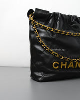 Chanel 22 Bag Mini | Black Lambskin Brushed Gold Hardware-details