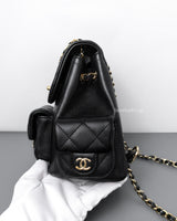 Chanel Duma Backpack Small | 23K Black Caviar Gold Hardware-details