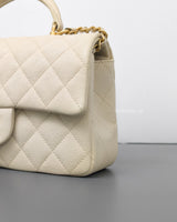 Chanel Mini Rectangle with Top Handle 21S Ivory White Caviar Brushed Gold Hardware-details
