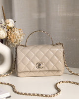 Chanel Top Handle Flap Bag 25S Beige Caviar Light Gold Hardware-front