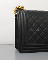 Chanel Boy Old Medium | Black Caviar Brushed Gold Hardware-details