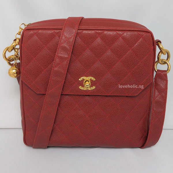 Chanel Vintage Camera Bag with CoCo Crush Ball  | Red Caviar 24K Gold Hardware