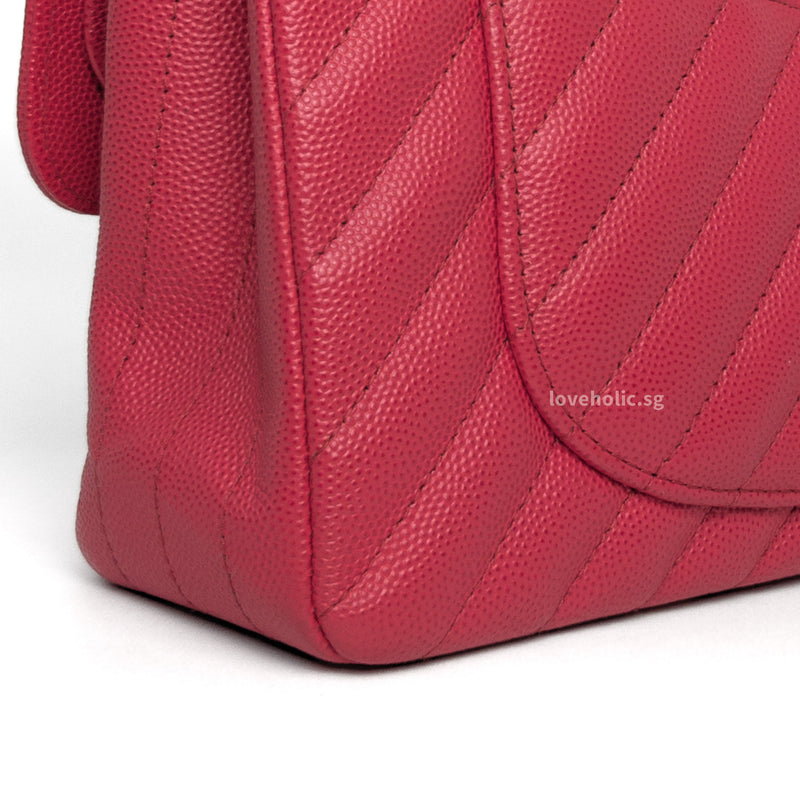 Chanel Classic Flap Chervon Small | 18C Raspberry red Caviar Silver Hardware