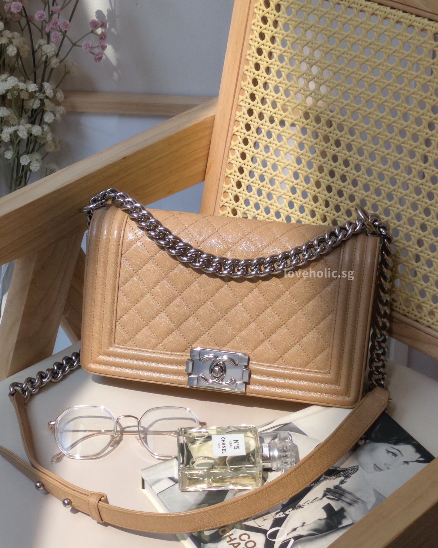 Chanel Boy Old Medium | Beige Caviar Silver Hardware-front