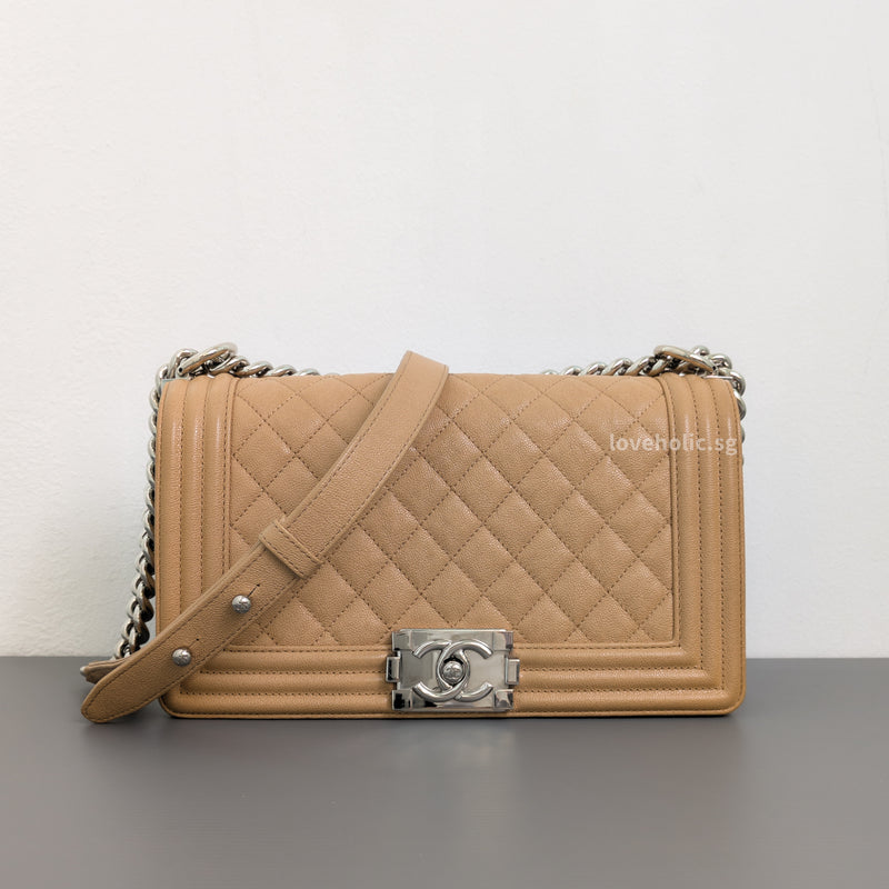 Chanel Boy Old Medium | Beige Caviar Silver Hardware-front1