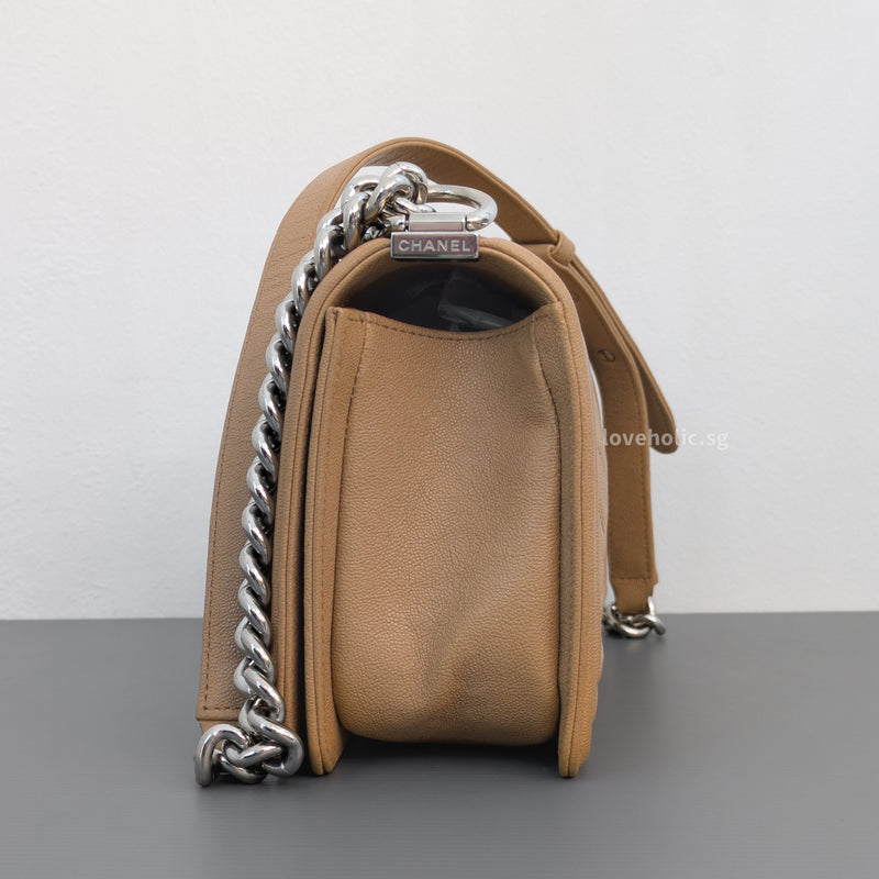 Chanel Boy Old Medium | Beige Caviar Silver Hardware-side