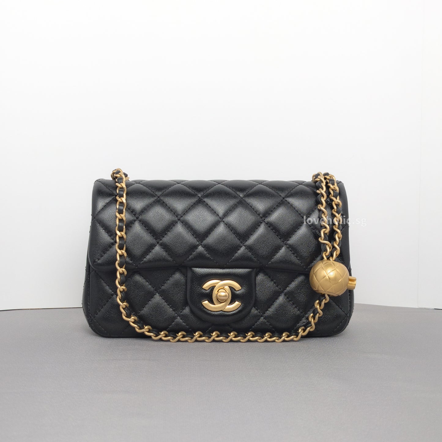 Chanel Pearl Crush Mini Rectangle | Black Lambskin Brushed Gold Hardware-whitebackground