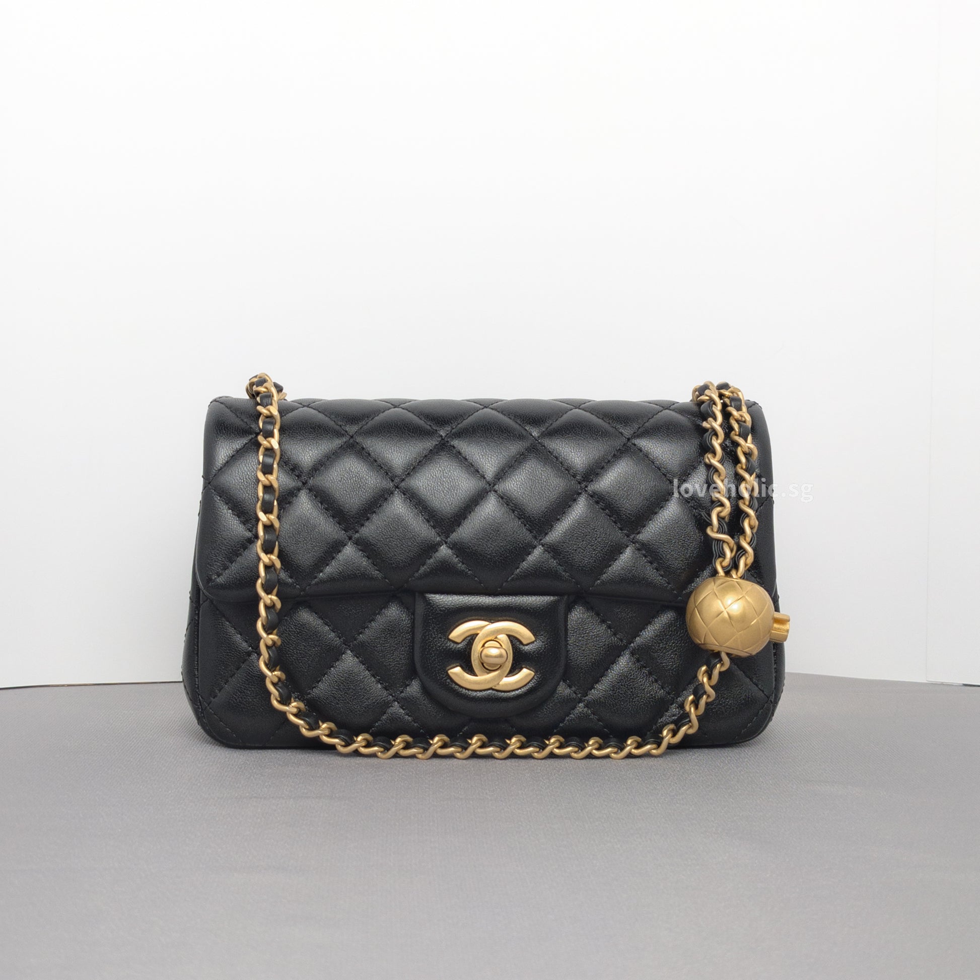 Chanel Pearl Crush Mini Rectangle | Black Lambskin Brushed Gold Hardware-whitebackground