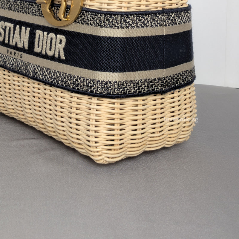 Dior Lady Dior Medium | Blue Oblique Jacquard Natural Wicker Brushed Gold Hardware