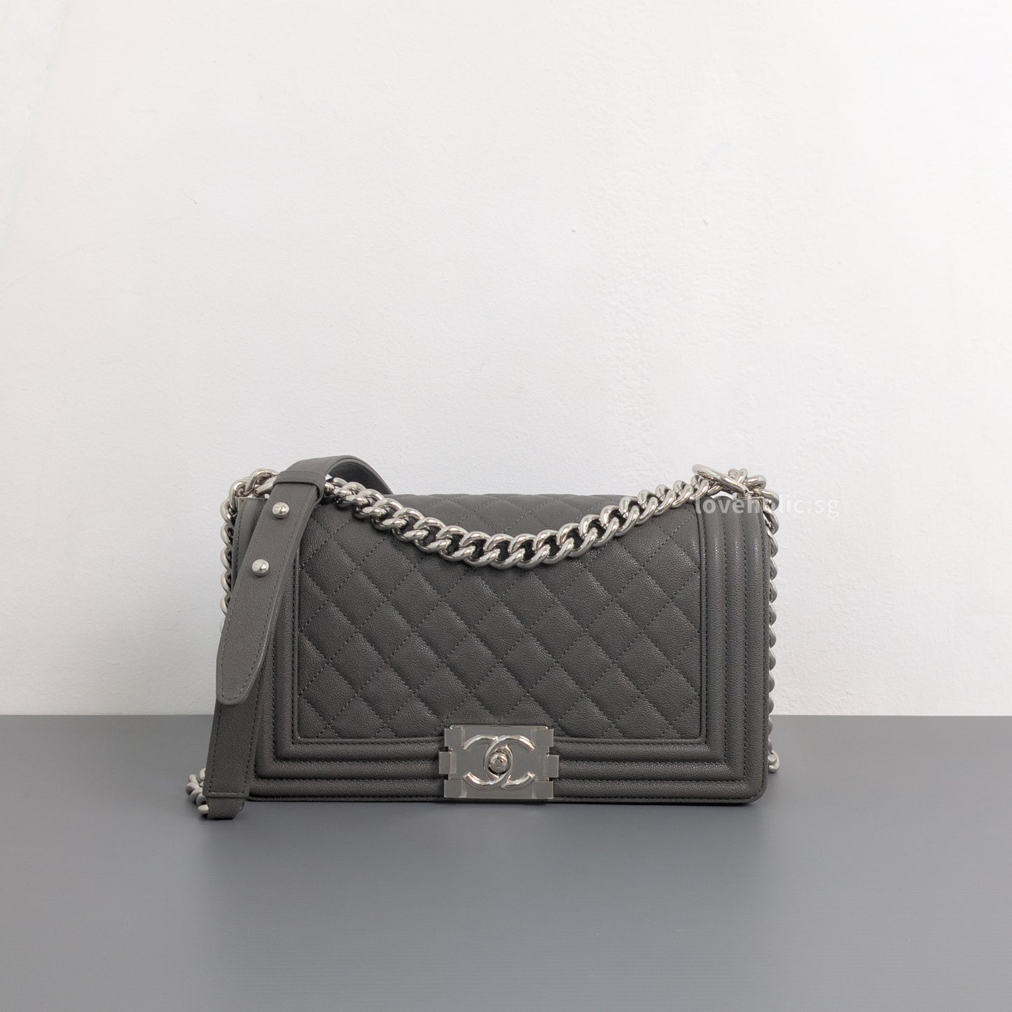 Chanel Boy Medium | 20S Grey Caviar Silver Hardware-whitebackground