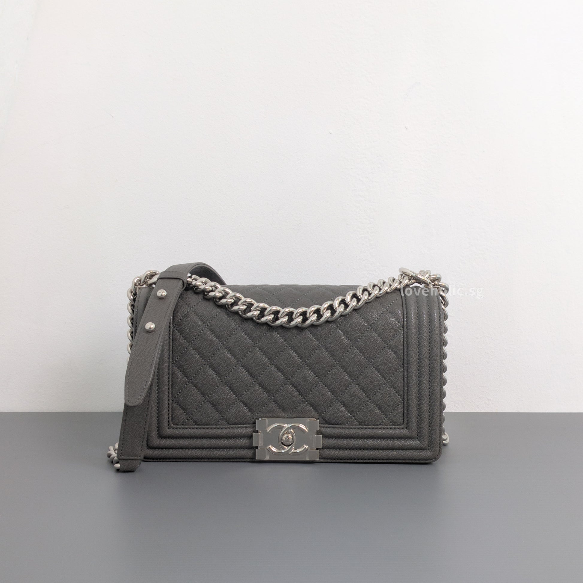Chanel Boy Medium | 20S Grey Caviar Silver Hardware-whitebackground
