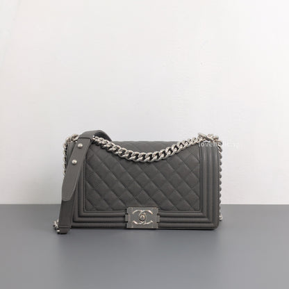 Chanel Boy Medium | 20S Grey Caviar Silver Hardware-whitebackground
