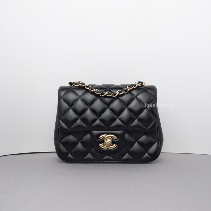 Chanel Classic Flap Mini Square | Black Lambskin Light Gold Hardware-whitebackground