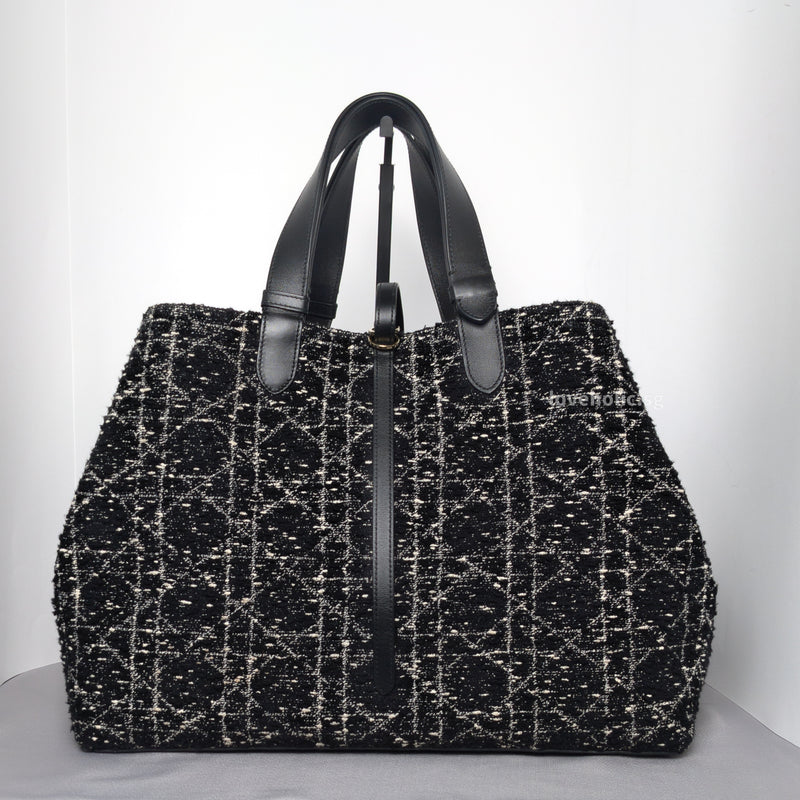 Dior Large Toujours | Black Tweed with White Cannage Motif Light Gold Hardware-back