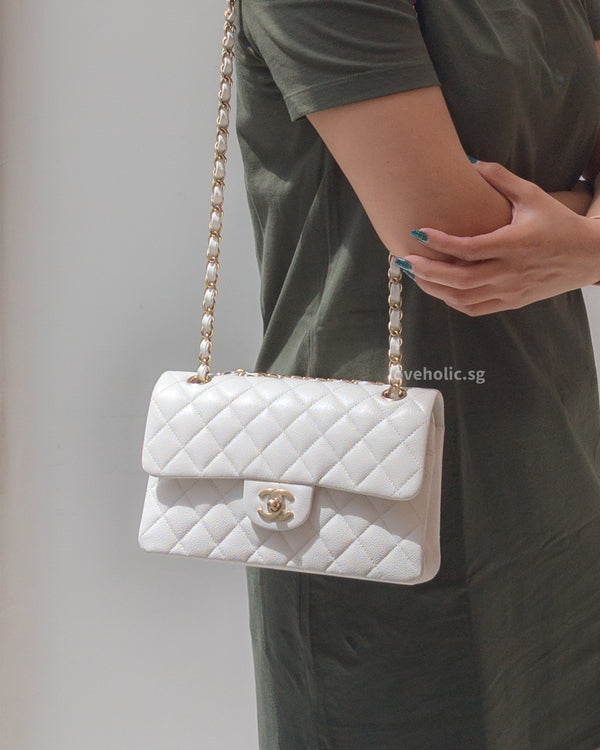 Chanel Classic Flap Small | 24C White Caviar Light Gold Hardware-modelshots