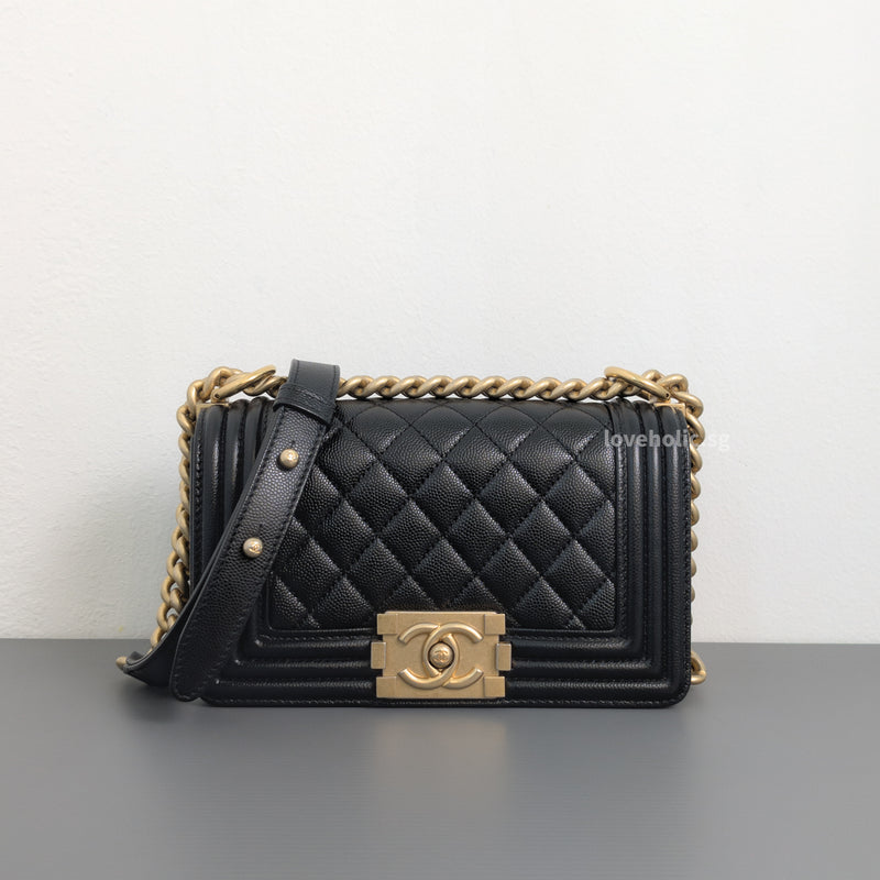 Chanel Boy Small | Black Caviar Brushed Gold Hardware-whitebackground