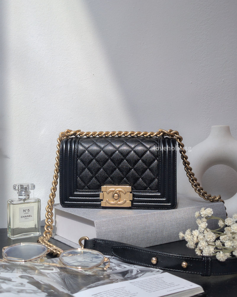 Chanel Boy Small | Black Caviar Brushed Gold Hardware-main