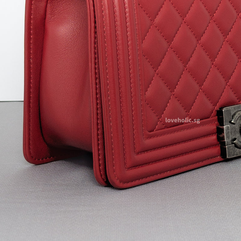 Chanel Boy Old Medium | Red Lambskin Ruthenium Hardware