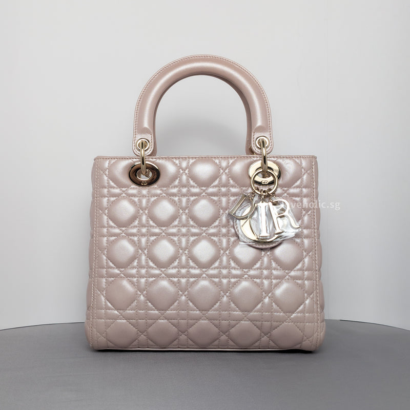 Dior Lady Dior Medium | Pearlescent Lotus Pink Lambskin Light Gold Hardware-whitebackground