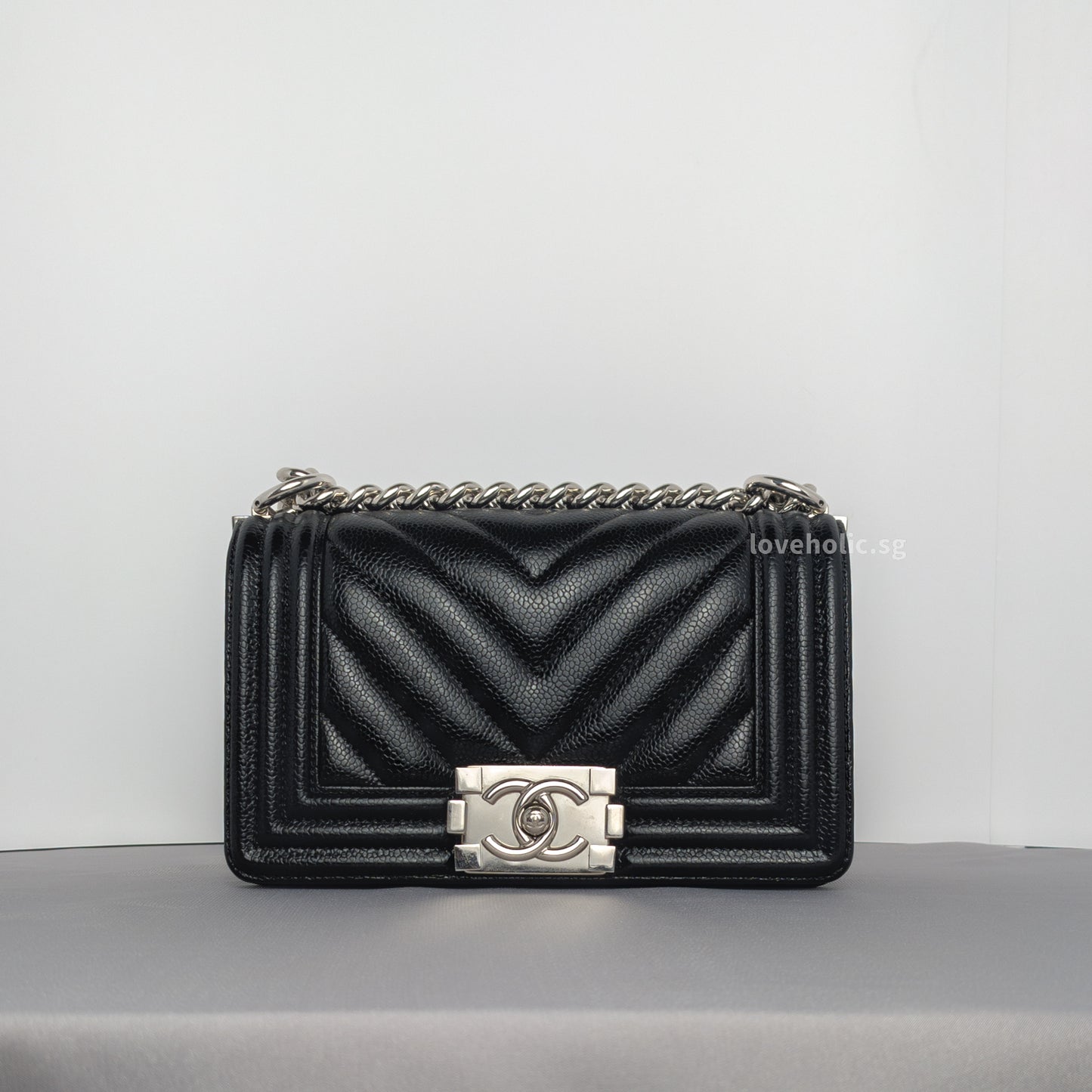 Chanel Boy Chevron Small | Black Caviar Silver Hardware-whitebackground