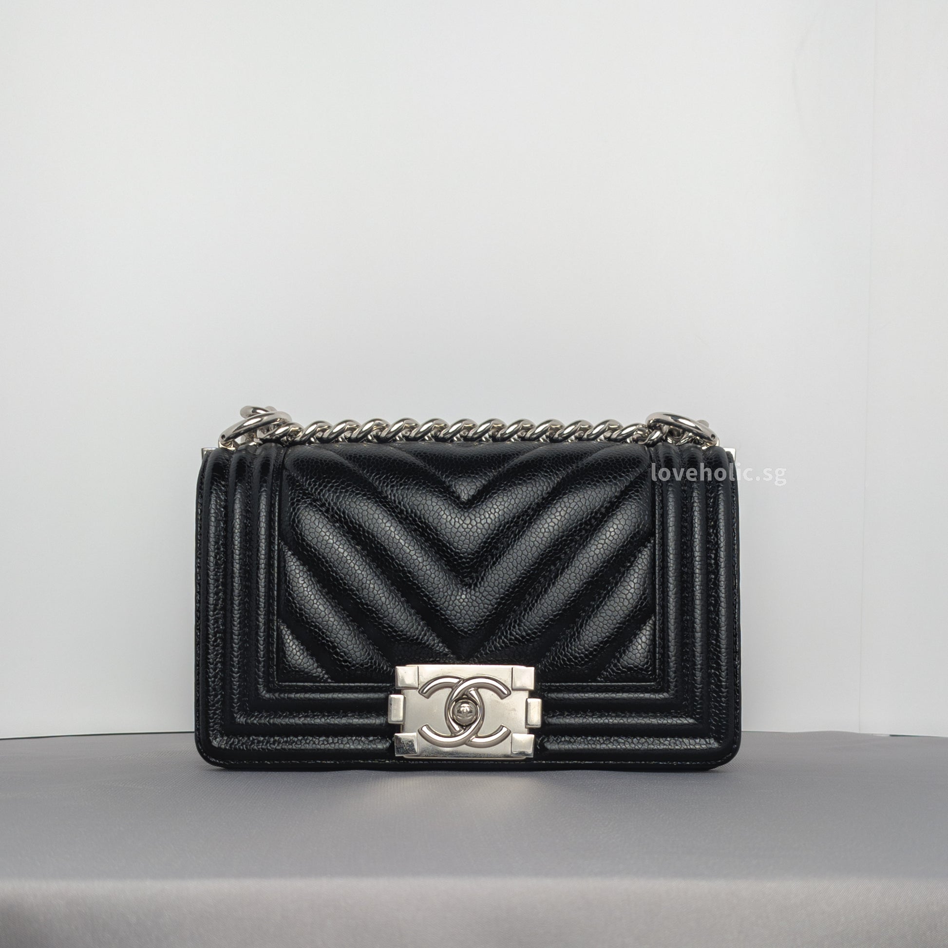 Chanel Boy Chevron Small | Black Caviar Silver Hardware-whitebackground