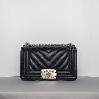 Chanel Boy Chevron Small | Black Caviar Silver Hardware-whitebackground