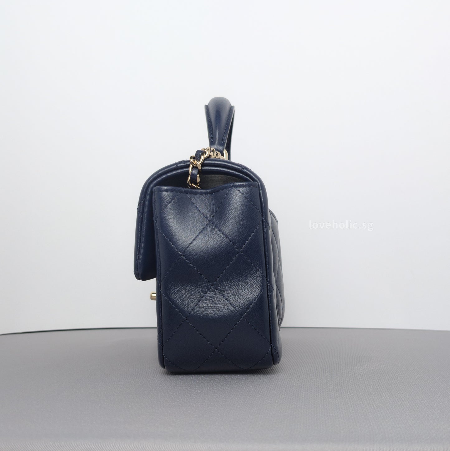 Chanel Mini Rectangle with Top Handle 24P Navy Lambskin Light Gold Hardware-details