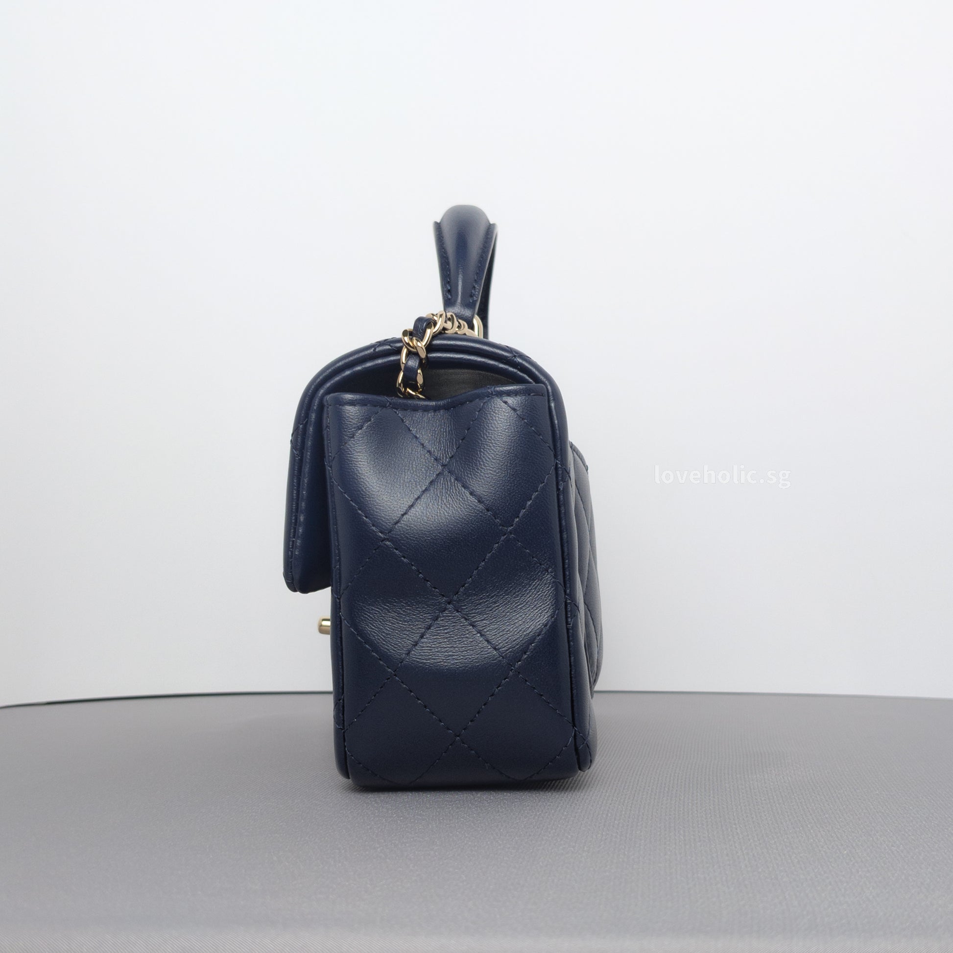 Chanel Mini Rectangle with Top Handle 24P Navy Lambskin Light Gold Hardware-details
