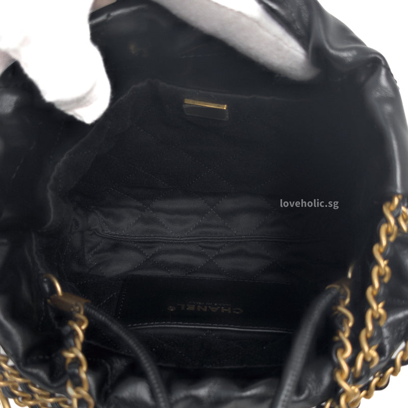 Chanel 22 Bag Mini | Black Calfskin Brushed Gold Hardware