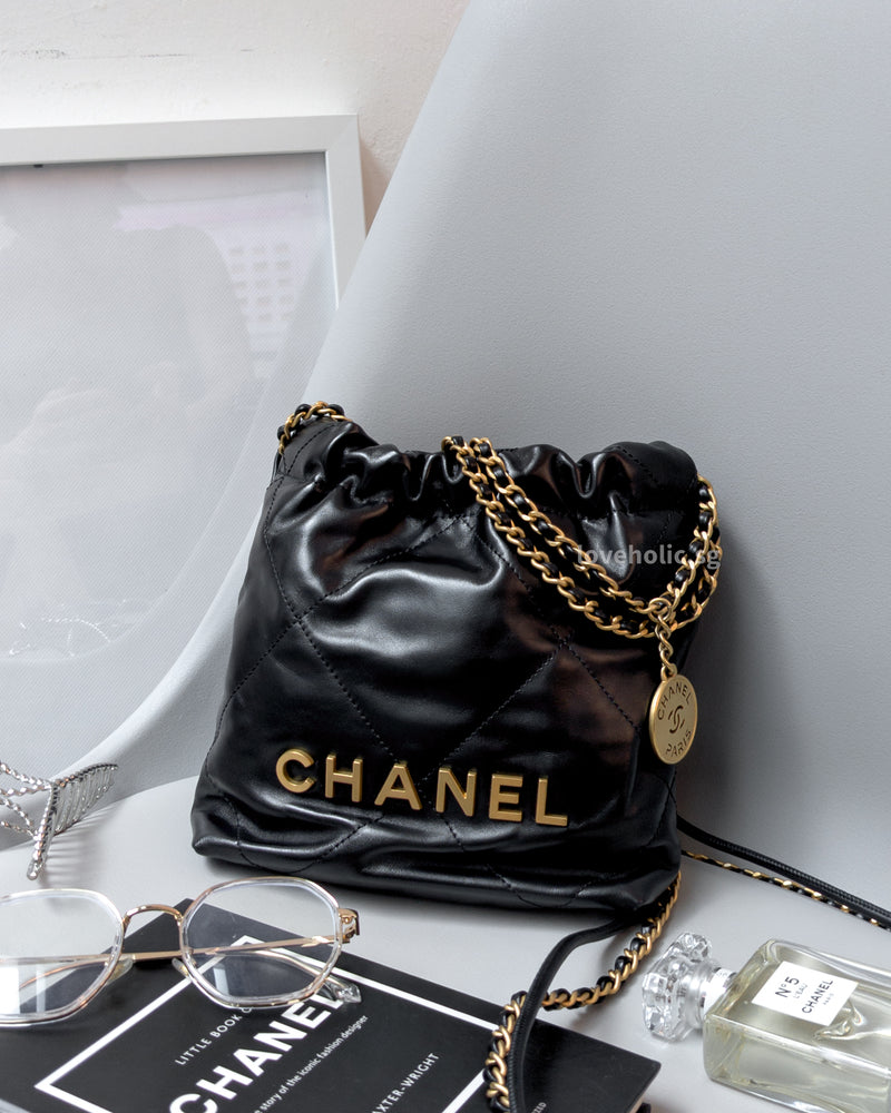  Chanel 22 Mini | Black Calfskin Brushed Gold Hardware