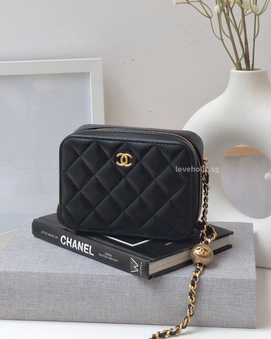 Chanel Camera Bag Mini with pearl crush | Black Lambskin Brushed Gold Hardware-main