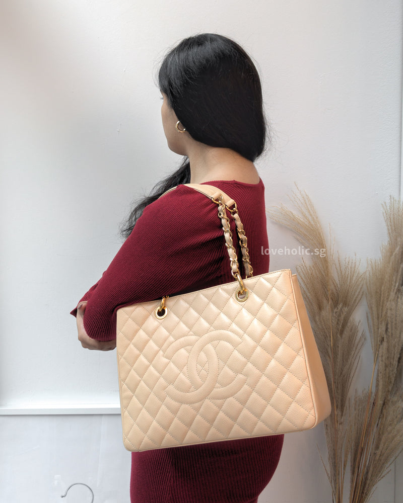 Chanel GST Grand Shopping Tote Beige Clair Caviar Gold Hardware loveholic