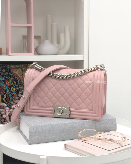 Chanel Boy Old Medium | Sakura Light Pink Calfskin Ruthenium Hardware-main