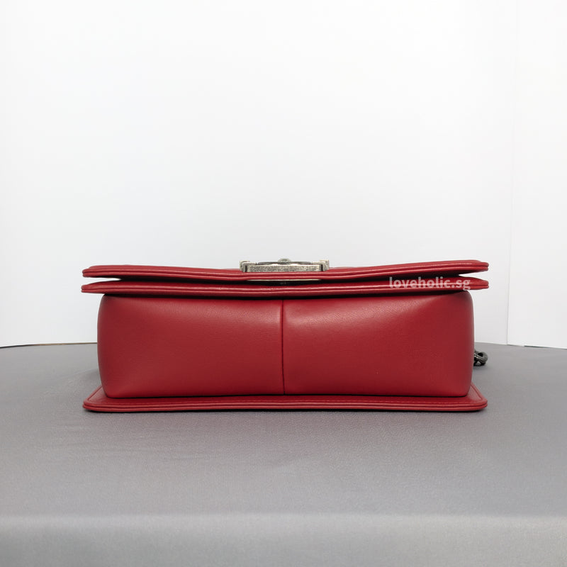 Chanel Boy Old Medium | Red Lambskin Ruthenium Hardware