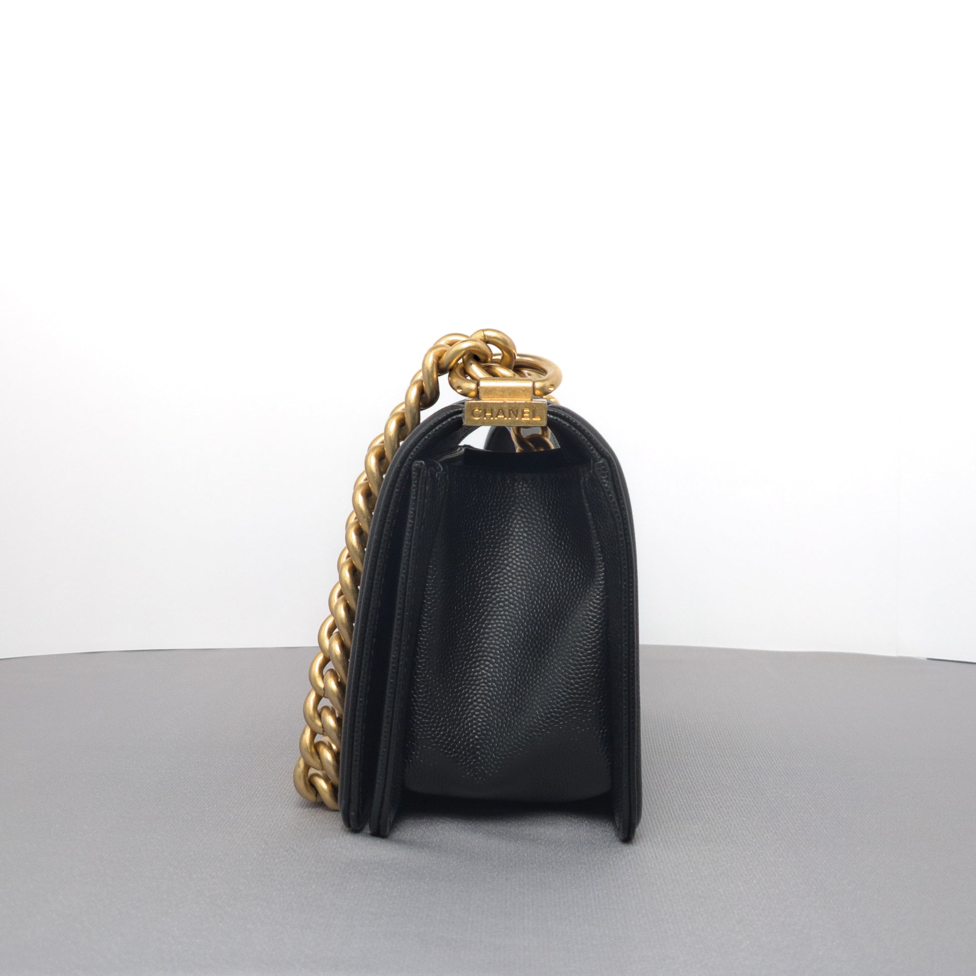 Chanel Boy Old Small | Black Caviar Brushed Gold Hardware-details