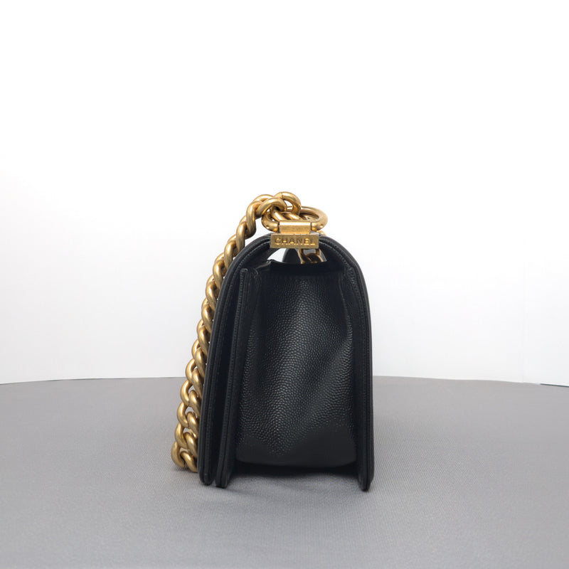 Chanel Boy Old Small | Black Caviar Brushed Gold Hardware-details