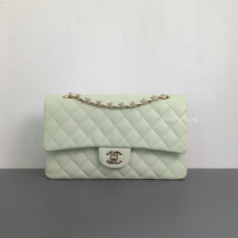 Chanel Classic Flap Medium | 22C Light Green Caviar Light Gold Hardware-whitebackground
