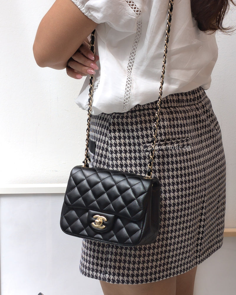 Chanel Classic Flap Mini Square | Black Lambskin Light Gold Hardware-modelshots
