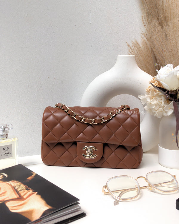 Chanel Mini Rectangle  | 21P Caramel Brown Lambskin Light Gold Hardware