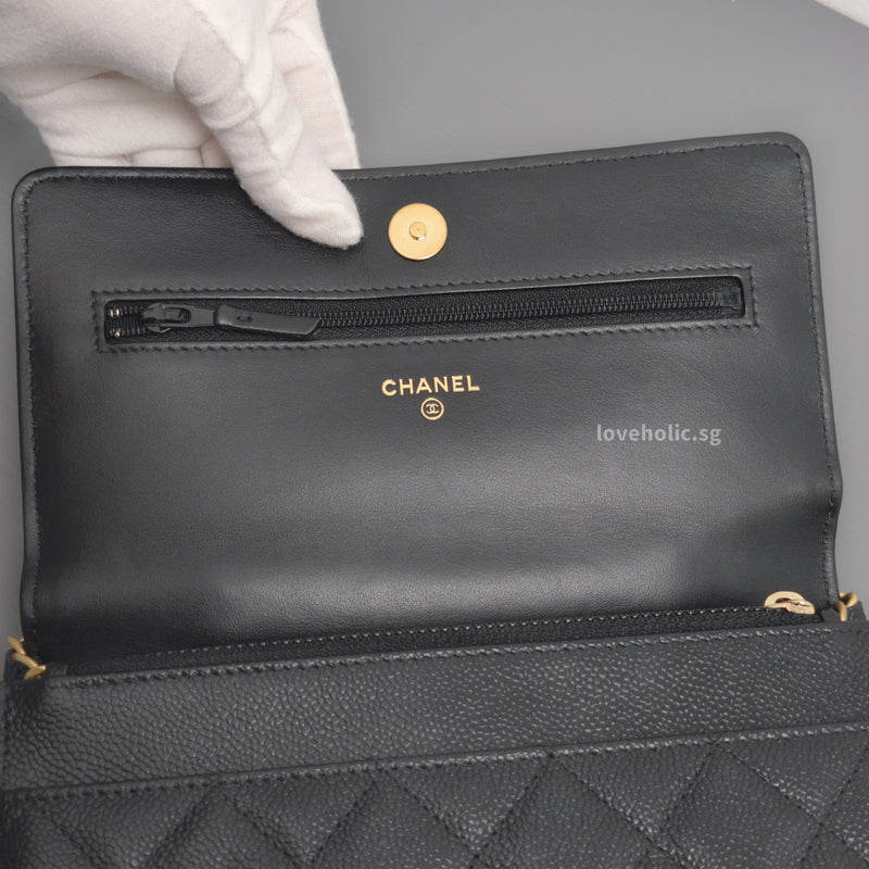 Wallet On Chain With Top Handle | 22S Black Caviar Brushed Gold Hardware