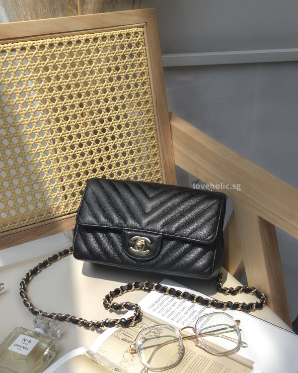 Chanel Chevron Mini Rectangle  | Black Caviar Light Gold Hardware