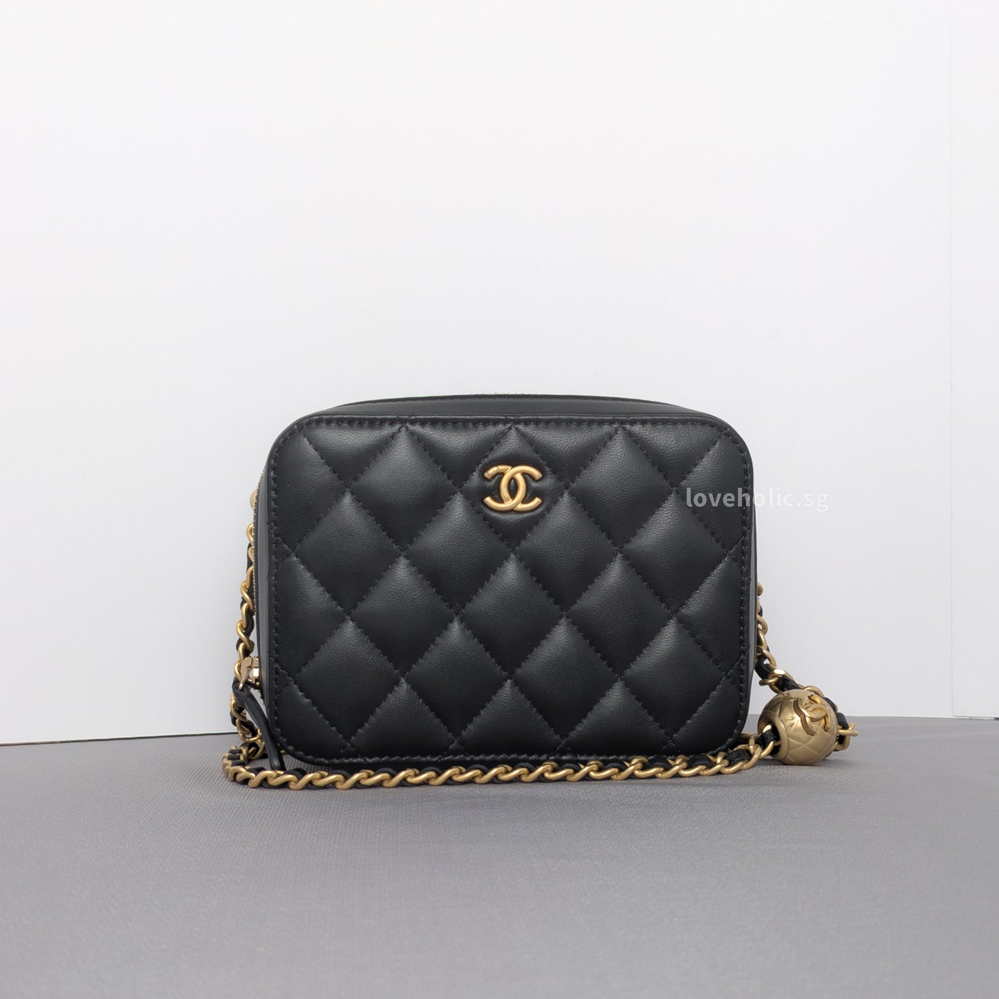 Chanel Camera Bag Mini with pearl crush | Black Lambskin Brushed Gold Hardware-whitebackground